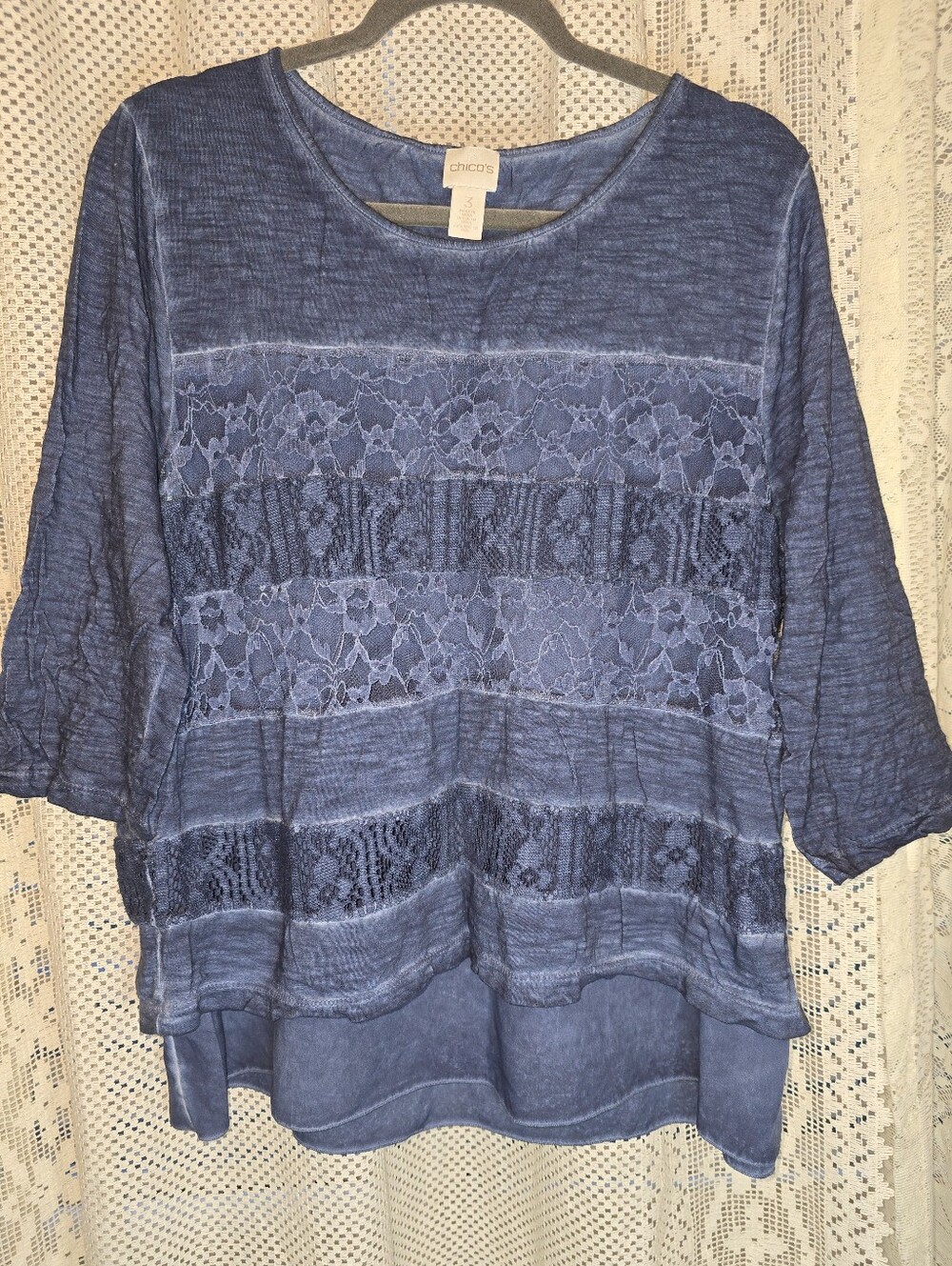 Chico's Blue Womens Shirt With Lace Overlay 3/4 Sleeve, Womens 3